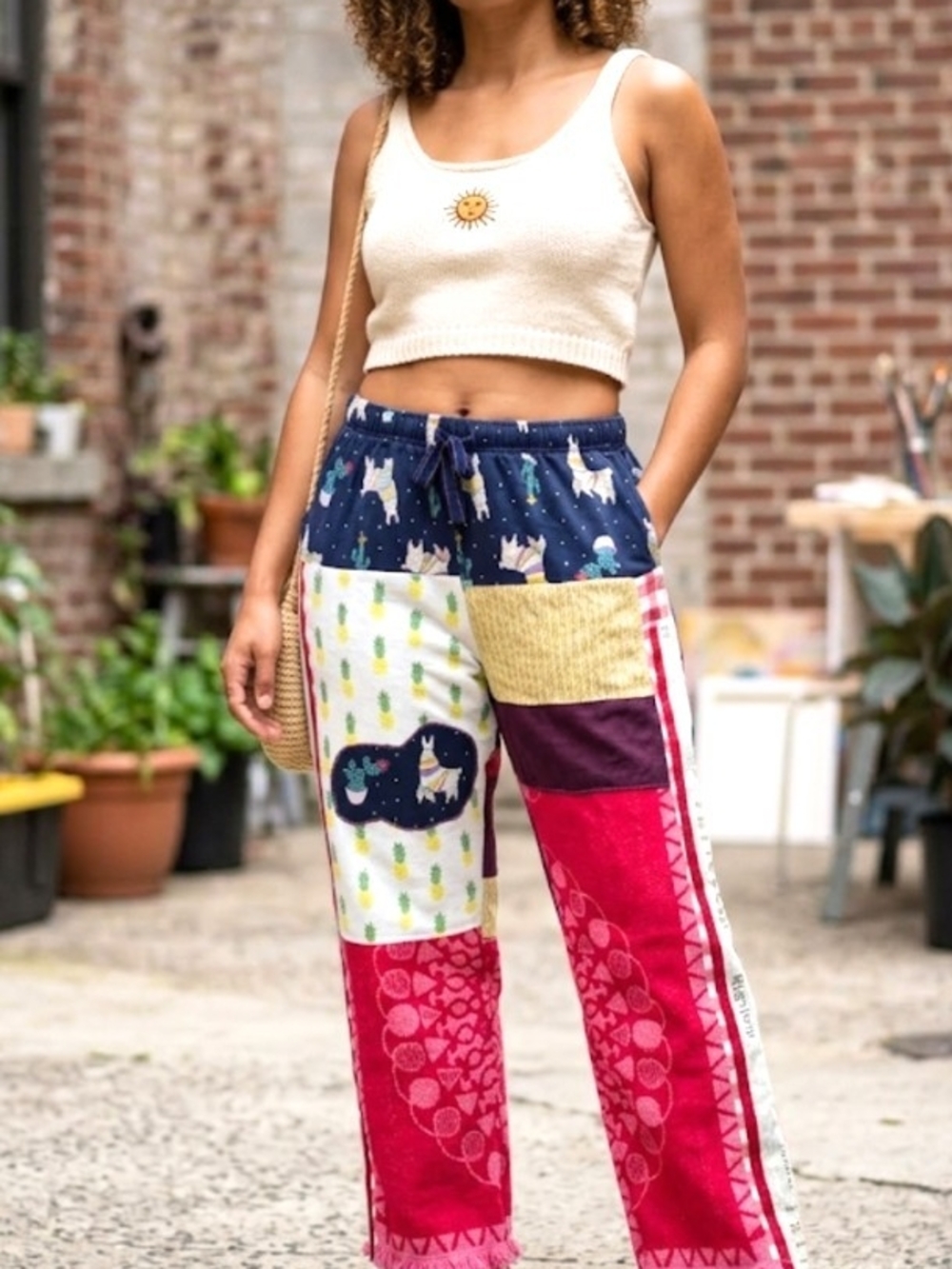 One-of-a-kind Upcycled Patchwork Vintage Towel Llama Lounge Pants, M